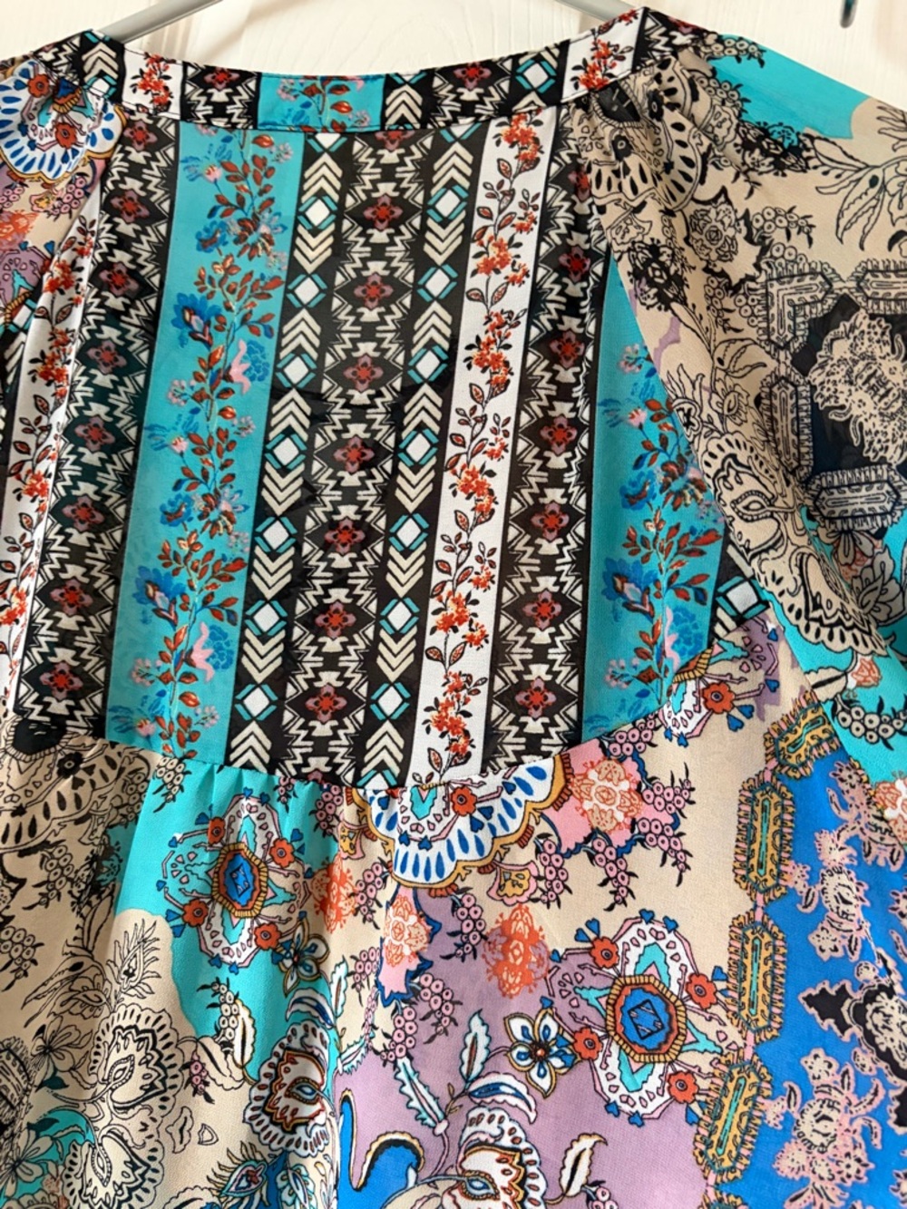 fig and flower Turquoise/Blue Printed Peasant‎ Semi Sheer Balloons Sleeve Blouse - Picture 4 of 9